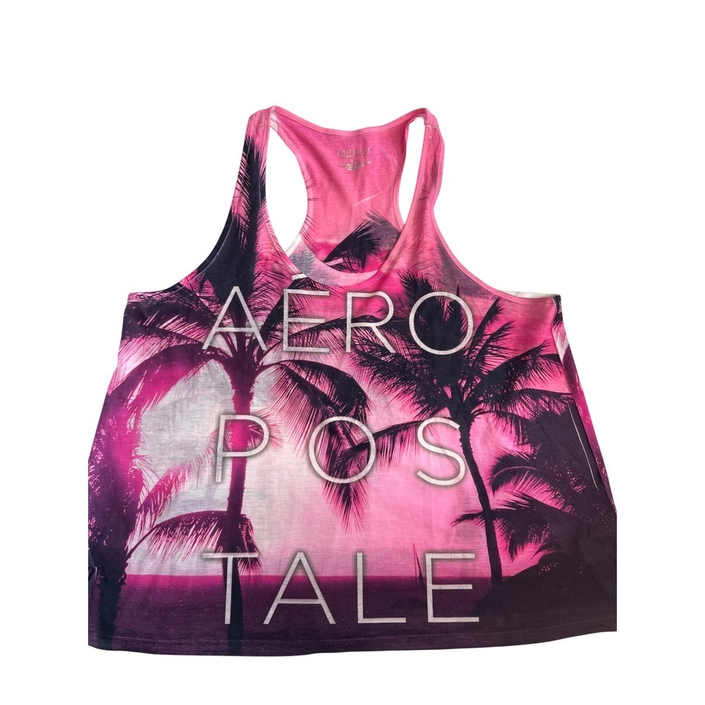 Aeropostale Womens XL Pink Tropical Palm Tree Sunset Racerback Tank Top Graphic